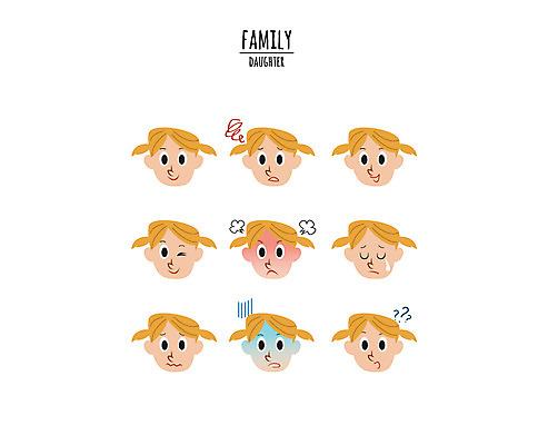 캐릭터 여자 딸 얼굴 어린이 일러스트 표정 윙크 웃음 여러명 분노 물음표 눈물 호기심 곤란 일러캐릭터 AI파일 기호 감정 다수 컨셉 가족 사람 신체부위 파일형식 벡터