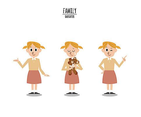 전신 캐릭터 여자 딸 어린이 일러스트 윙크 세명 곰인형 눈물 일러캐릭터 AI파일 감정 인형 가족 표정 사람 파일형식 벡터