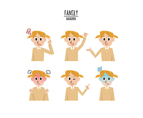 캐릭터 여자 딸 어린이 일러스트 표정 윙크 여러명 상반신 손들기 분노 당황 곤란 일러캐릭터 AI파일 감정 다수 가족 모션 사람 파일형식 벡터