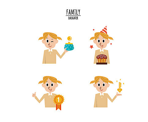 캐릭터 여자 딸 어린이 일러스트 열쇠 여러명 상반신 고깔모자 생일케이크 메달 동전지갑 일러캐릭터 AI파일 모자_잡화 다수 가족 사람 케이크 지갑 상_상패 파일형식 벡터