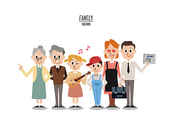 캐릭터 여자 할아버지 노년 남자 할머니 어린이 서류가방 일러스트 가족 엄마 대가족 여러명 성인 자녀 기타 신문 아빠 일러캐릭터 AI파일 다수 가방 관계 현악기 사람 간행물 뉴스 파일형식 벡터