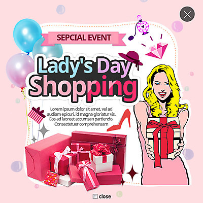 PSD 템플릿 여자 웹템플릿 팝업 이벤트팝업 웹팝업 한명 성인 선물상자 쇼핑 하이힐 향수 다이아몬드 풍선 레이어팝업 이미지템플릿 1 구두 선물 사람 상자 화장품 여성화 보석 파일형식