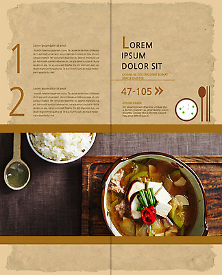 PSD 템플릿 편집 표지디자인 북디자인 출판디자인 내지 한식 음식 리플렛 2단접지 북커버 젓가락 고추 밥 쟁반 팜플렛 사람없음 숟가락 냄비 된장찌개 두부 이미지템플릿 채소 수저 솥 찌개 파일형식