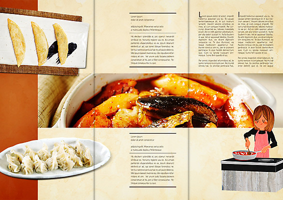 PSD 템플릿 편집 접시 표지디자인 북디자인 출판디자인 여자 내지 한식 음식 리플렛 북커버 3단접지 요리 한명 팜플렛 상반신 성인 앞치마 떡볶이 주부 홍합 군만두 물만두 해물떡볶이 이미지템플릿 1 식기 어패류 사람 분식 만두 파일형식