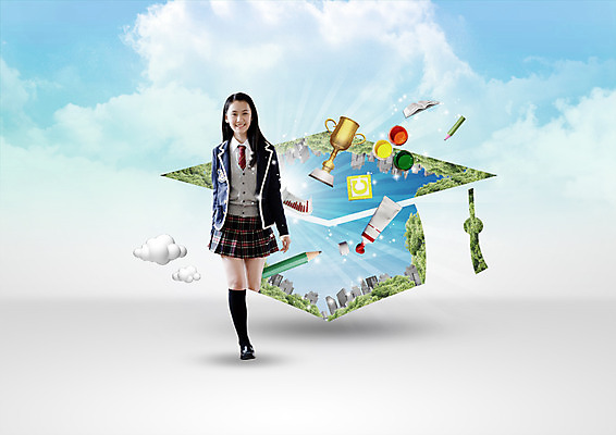 전신 PSD 구름 편집 편집이미지 여학생 교육 교복 학사모 청소년 하늘 그래프 한명 서기 웃음 책 연필 물감 트로피 청소년교육 이미지편집 자연요소 모자_잡화 1 학생 옷 여자 졸업 모션 학용품 표정 사람 필기구 미술도구 상_우승 파일형식