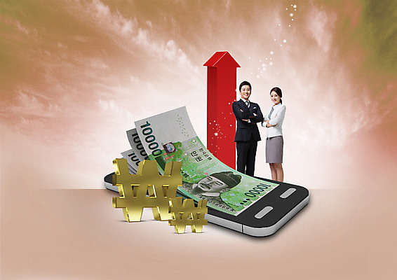 PSD 구름 편집 편집이미지 여자 남자 화살표 서기 웃음 성인 두명 30대 금융 스마트폰 팔짱 한국인 비즈니스맨 비즈니스우먼 원화 화폐기호 만원 상승 이미지편집 자연요소 기호 컨셉 지폐 돈 비즈니스 모션 표정 사람 동양인 장년 경제 핸드폰 스마트기기 직장인 화폐 파일형식