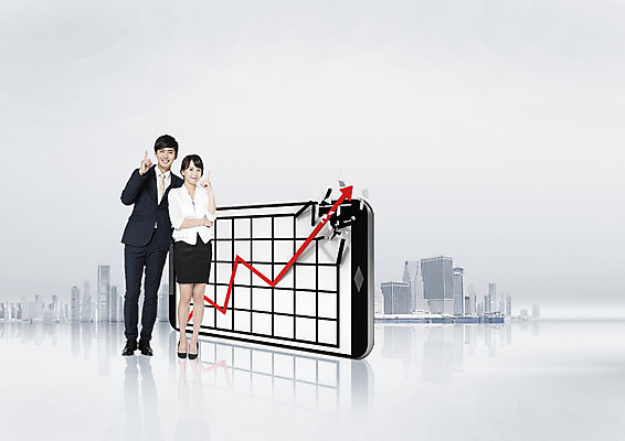 전신 PSD 편집 편집이미지 여자 남자 화살표 그래프 서기 웃음 손짓 빌딩 20대 성인 두명 스마트폰 한국인 비즈니스맨 비즈니스우먼 상승 이미지편집 컨셉 비즈니스 모션 표정 사람 동양인 청년 건물 핸드폰 스마트기기 직장인 파일형식