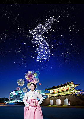 PSD 편집 편집이미지 여자 별 여행 지도 한국건축 밤하늘 불꽃놀이 웃음 빌딩 성인 30대 관광지 한국인 문화재 도시 야간 한복 경복궁 한반도 광화문 국내여행 이미지편집 자연요소 한국전통 건축 놀이 하늘 한국 표정 사람 동양인 건물 장년 궁전 전통의상 랜드마크 파일형식