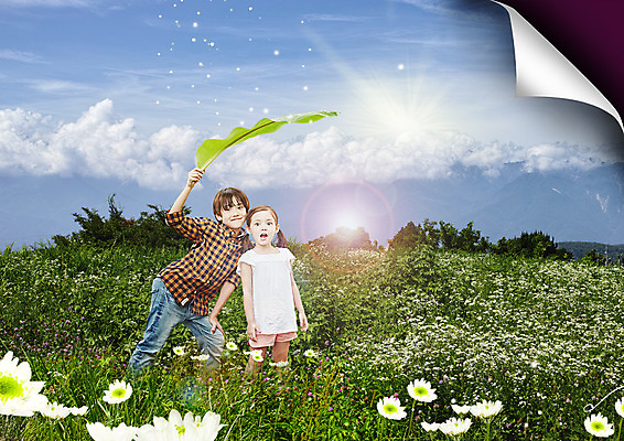 PSD 서양인 구름 편집 편집이미지 여자 남자 꽃 여행 하늘 나뭇잎 남매 서기 소녀 소년 초원 상반신 두명 나뭇잎우산 이미지편집 자연요소 외국인 식물 어린이 잎 우산 가족 모션 사람 파일형식