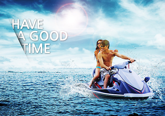 PSD 서양인 구름 편집 편집이미지 커플 여자 남자 바다 여행 하늘 레저 앉기 20대 성인 두명 비키니 선글라스 제트스키 이미지편집 자연요소 외국인 수영복 안경 관계 모션 사람 청년 수상스포츠 파일형식