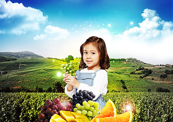 PSD 서양인 구름 편집 편집이미지 웰빙 음식 밭 오렌지 하늘 포도 한명 소녀 상반신 유기농 망고 이미지편집 자연요소 외국인 1 여자 어린이 농업 과일 사람 열대과일 파일형식