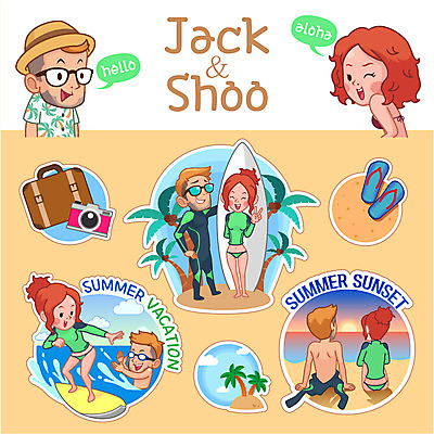 캐릭터 모자 커플 여자 남자 바다 스티커 일러스트 여러명 성인 여름 세트 야자수 카메라 여행가방 일몰 서핑보드 서핑 쪼리 래쉬가드 일러캐릭터 AI파일 나무 잡화 계절 수영복 다수 가방 관계 사람 전자제품 노을 수상스포츠 보드_스포츠 샌들 파일형식 벡터