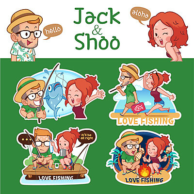 캐릭터 모자 커플 여자 남자 스티커 일러스트 낚시 어류 여러명 성인 여름 세트 낚시용품 모닥불 낚시줄 일러캐릭터 AI파일 잡화 계절 다수 관계 불 레저 사람 수중동물 파일형식 벡터