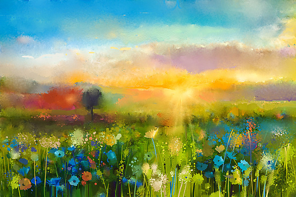 JPG 해외이미지 꽃 꽃밭 일러스트 풍경 사람없음 일몰 그림 손그림 유화 풍경화 해외202004 해외일러스트 식물 미술 노을 파일형식 이미지허브