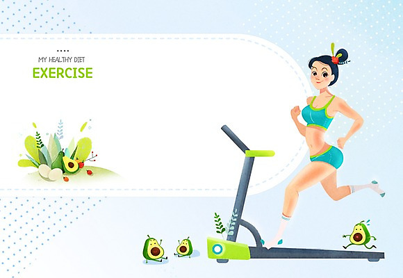 전신 PSD 여자 다이어트 일러스트 프레임 한명 성인 운동복 달리기 런닝머신 아보카도 국내일러스트 1 옷 과일 모션 건강 사람 운동기구 파일형식