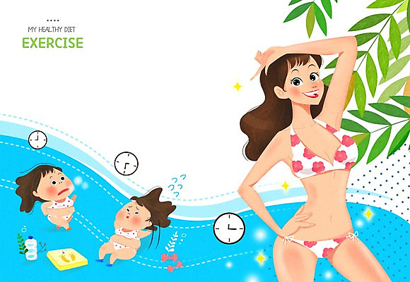 PSD 여자 시계 다이어트 일러스트 프레임 저울 성인 세명 비키니 아령 풀잎 물병 몸매 비만 국내일러스트 수영복 잎 건강 사람 풀_식물 물통 파일형식