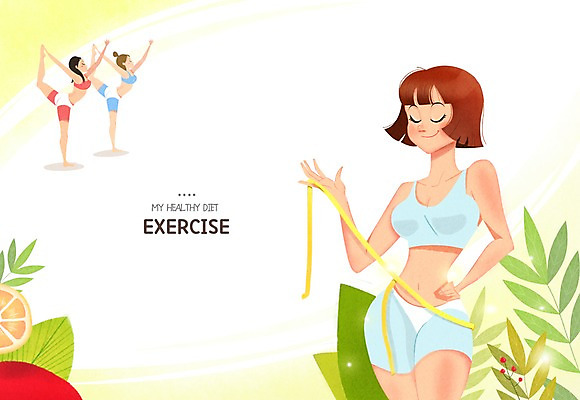 PSD 여자 다이어트 일러스트 프레임 줄자 성인 세명 요가자세 풀잎 몸매 국내일러스트 포즈 잎 요가 자 건강 사람 풀_식물 파일형식