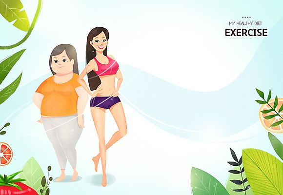 PSD 여자 다이어트 일러스트 프레임 성인 두명 풀잎 몸매 전후 국내일러스트 잎 건강 사람 풀_식물 비교 파일형식