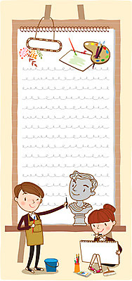 학생 여자 남자 교복 일러스트 청소년 프레임 두명 스쿨라이프 미술도구 붓 팔레트 스케치북 이젤 미술교육 석고상 국내일러스트 AI파일 라이프스타일 옷 교육 학교 학용품 미술 사람 오브젝트 파일형식 벡터