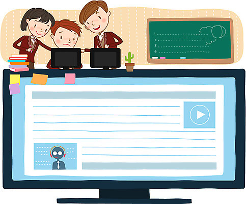 학생 여자 남자 교복 일러스트 청소년 프레임 책 세명 스쿨라이프 모니터 칠판 컴퓨터수업 국내일러스트 AI파일 라이프스타일 옷 학교 수업 사람 컴퓨터 파일형식 벡터