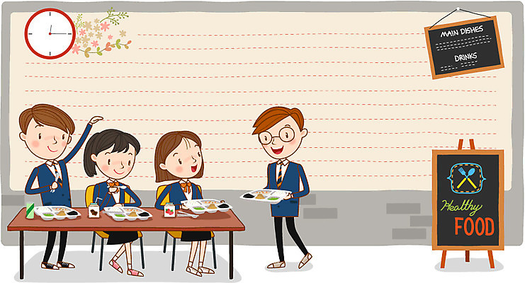 학생 여자 남자 교복 시계 일러스트 청소년 식탁 프레임 알림판 여러명 스쿨라이프 점심 식판 급식 국내일러스트 AI파일 라이프스타일 옷 다수 학교 탁자 사람 파일형식 벡터