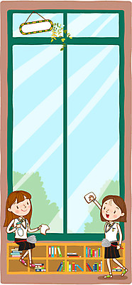 학생 여자 교복 일러스트 창문 청소년 책장 프레임 두명 책 스쿨라이프 먼지떨이 걸레 청소시간 국내일러스트 AI파일 라이프스타일 옷 가구 학교 사람 청소도구 청소 파일형식 벡터