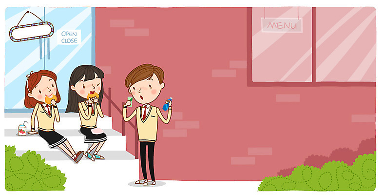 학생 여자 남자 교복 빵 일러스트 청소년 프레임 세명 스쿨라이프 간식시간 매점 국내일러스트 AI파일 라이프스타일 옷 음식 학교 사람 상점 파일형식 벡터
