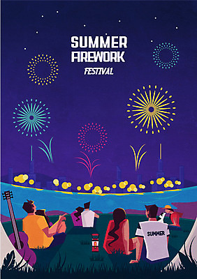 커플 여자 남자 포스터 별 반려견 일러스트 밤하늘 불꽃놀이 잔디 여러명 성인 야외 여름 강 캠핑 기타 랜턴 도시 강아지 야간 국내일러스트 AI파일 자연요소 식물 계절 다수 관계 놀이 하늘 현악기 레저 조명 사람 반려동물 개 파일형식 벡터