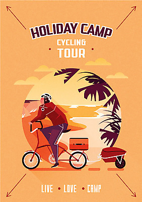 남자 포스터 파도 바다 일러스트 아웃도어 한명 성인 해변 야자수 캐리어 자전거 일몰 캠핑 헬멧 국내일러스트 AI파일 나무 1 레저 사람 노을 여행가방 바이크 보호장비 파일형식 벡터