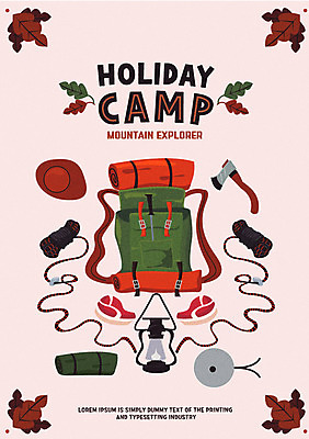 모자 포스터 밧줄 낙엽 일러스트 캠핑도구 생고기 사람없음 캠핑 랜턴 도끼 코펠 침낭 국내일러스트 AI파일 잡화 줄 잎 레저 조명 육류 도구 파일형식 벡터