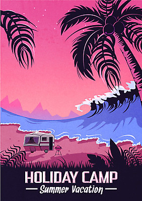 포스터 별 파도 바다 일러스트 해변 사람없음 야자수 노을 캠핑 캠핑카 바베큐그릴 트로피컬아트 국내일러스트 AI파일 자연요소 나무 자동차 레저 그릴 바비큐 그림 파일형식 벡터