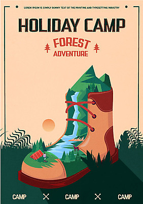 나무 남자 포스터 일러스트 사슴 산 텐트 한명 성인 폭포 캠핑 풀잎 모닥불 등산화 아이소메트릭 국내일러스트 AI파일 식물 1 신발 잎 포유류 자연 불 레저 캠핑도구 사람 풀_식물 등산용품 파일형식 벡터