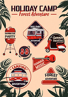 포스터 일러스트 생고기 사람없음 라벨 캠핑 오토바이 기타 풀잎 바비큐 캠핑카 야자수잎 바베큐그릴 카라반 오토캠핑 국내일러스트 AI파일 음식 잎 자동차 현악기 레저 프레임 육류 바이크 풀_식물 그릴 파일형식 벡터