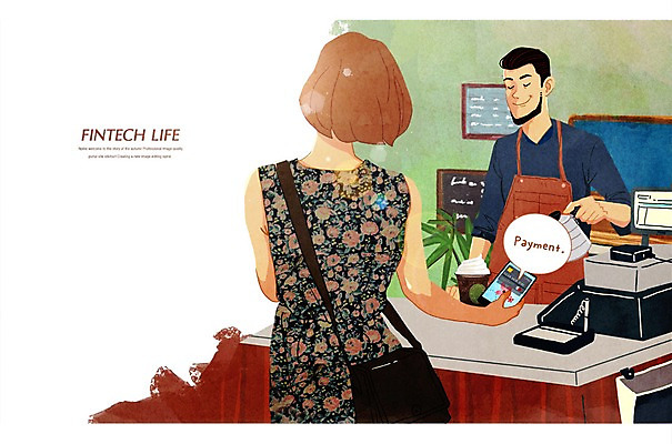 PSD 여자 남자 커피 일러스트 모바일 성인 두명 스마트폰 카페 결제 바리스타 주문 핀테크 국내일러스트 직업 음료 사람 금융 핸드폰 스마트기기 상점 파일형식