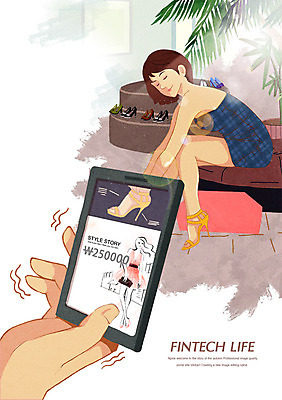 PSD 여자 구두 의자 일러스트 모바일 한명 성인 스마트폰 쇼핑 풀잎 샌들 결제 모바일쇼핑 핀테크 국내일러스트 1 가구 신발 잎 사람 금융 핸드폰 스마트기기 풀_식물 온라인쇼핑 파일형식