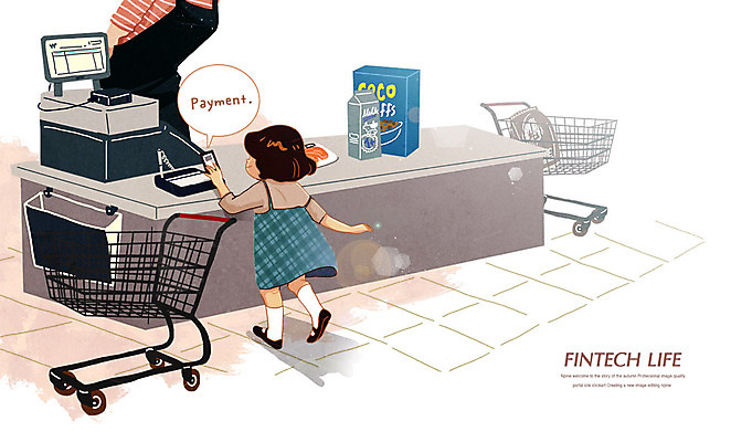 PSD 여자 어린이 일러스트 모바일 성인 두명 스마트폰 쇼핑 쇼핑카 우유 시리얼 계산대 결제 모바일쇼핑 핀테크 국내일러스트 음식 유제품 사람 금융 핸드폰 스마트기기 카트 온라인쇼핑 파일형식