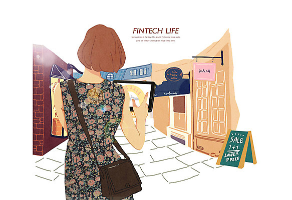 PSD 여자 일러스트 모바일 거리 한명 성인 쇼핑 태블릿 상점 결제 모바일쇼핑 핀테크 국내일러스트 1 사람 금융 전자제품 스마트기기 온라인쇼핑 파일형식