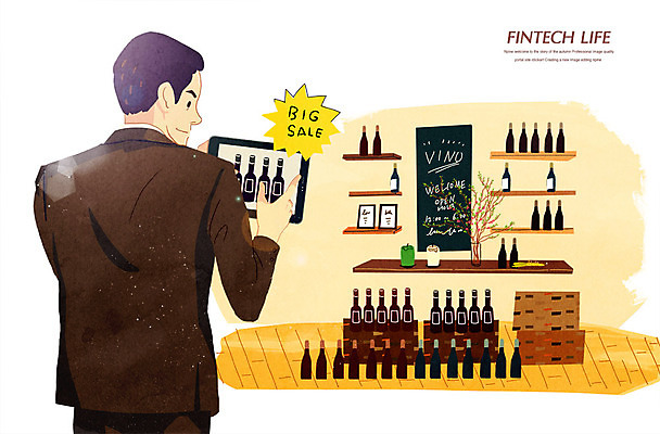 PSD 남자 일러스트 모바일 선반 한명 성인 쇼핑 태블릿 와인병 결제 모바일쇼핑 핀테크 국내일러스트 1 가구 병_용기 사람 금융 전자제품 스마트기기 와인 온라인쇼핑 파일형식