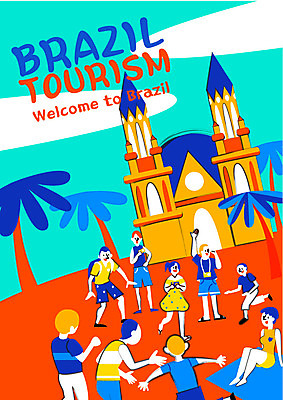 여자 남자 포스터 여행 일러스트 열대 여러명 성인 야자수 성당 여행객 카메라 축제 브라질 야자수잎 정열 리우 이국적 국내일러스트 AI파일 나무 다수 잎 종교건축 사람 전자제품 남아메리카 파일형식 벡터