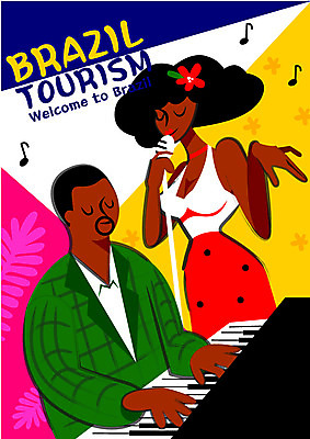 여자 남자 포스터 악기 여행 연주 음표 일러스트 노래 열대 성인 두명 축제 공연 건반 피아노 마이크 브라질 야자수잎 정열 리우 이국적 국내일러스트 AI파일 기호 음악 음향기기 잎 사람 이벤트 남아메리카 건반악기 파일형식 벡터