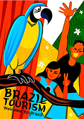 나무 여자 남자 포스터 여행 일러스트 열대 성인 두명 여행객 축제 브이 앵무새 브라질 야자수잎 정열 리우 이국적 국내일러스트 AI파일 식물 잎 조류 사람 손짓 남아메리카 파일형식 벡터