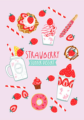 백그라운드 일러스트 딸기 디저트 여름음식 빨대 사람없음 여름 도넛 빼빼로 와플 딸기파르페 딸기스무디 국내일러스트 AI파일 계절 음식 과일 막대과자 스무디 파일형식 벡터 여름_계절