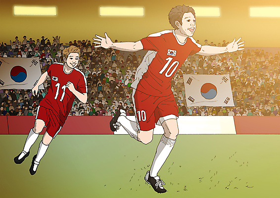 PSD 남자 올림픽 일러스트 축구선수 운동선수 여러명 성인 축구 태극기 축구장 축구복 관람 국내일러스트 스포츠 다수 스포츠시설 사람 운동복 구기 국기 파일형식