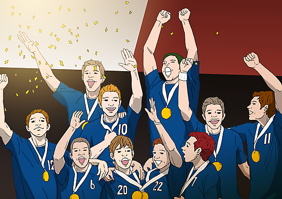 PSD 남자 올림픽 일러스트 운동선수 여러명 성인 손들기 기쁨 우승 금메달 국내일러스트 감정 스포츠 다수 모션 사람 최고 메달 파일형식