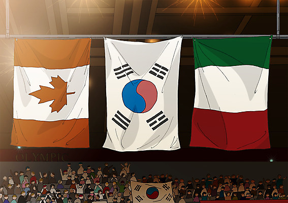 PSD 올림픽 일러스트 여러명 국기 군중 태극기 금메달 객석 국기게양 이탈리아국기 캐나다국기 국내일러스트 스포츠 다수 사람 메달 파일형식