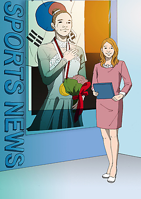 PSD 여자 꽃다발 올림픽 일러스트 운동선수 성인 두명 기쁨 우승 뉴스 태극기 아나운서 금메달 방송인 뉴스진행 국내일러스트 직업 꽃 감정 스포츠 사람 최고 국기 메달 파일형식