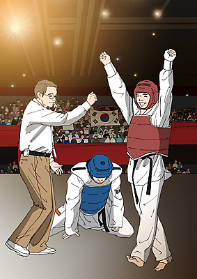 PSD 남자 올림픽 일러스트 운동선수 실내 여러명 성인 우승 심판 군중 보호장비 태권도 태권도복 태권도선수 판결 객석 국내일러스트 스포츠 다수 도복 사람 내부 격투기 장비 최고 파일형식