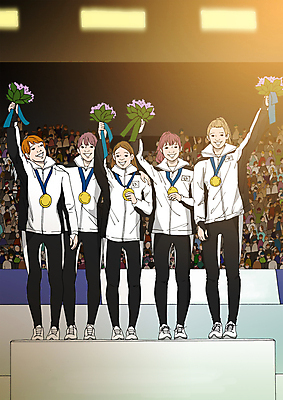 PSD 여자 꽃다발 올림픽 일러스트 운동선수 성인 우승 군중 금메달 객석 시상대 국내일러스트 꽃 스포츠 사람 최고 메달 파일형식