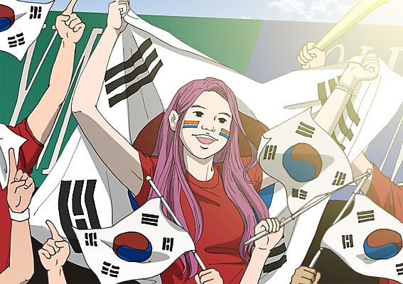 PSD 여자 올림픽 일러스트 응원 여러명 성인 태극기 응원복 응원나팔 국내일러스트 옷 스포츠 다수 사람 응원용품 국기 파일형식