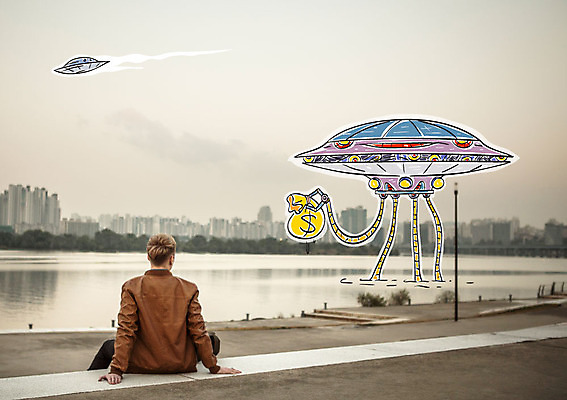 전신 서양인 남자 포토일러 한명 앉기 20대 성인 뒷모습 강 달러 도시 화폐기호 돈자루 우주선 우주과학 UFO 이미지편집 AI파일 외국인 편집이미지 1 기호 뷰포인트 과학 돈 모션 사람 청년 우주 미확인물체 화폐 파일형식 벡터